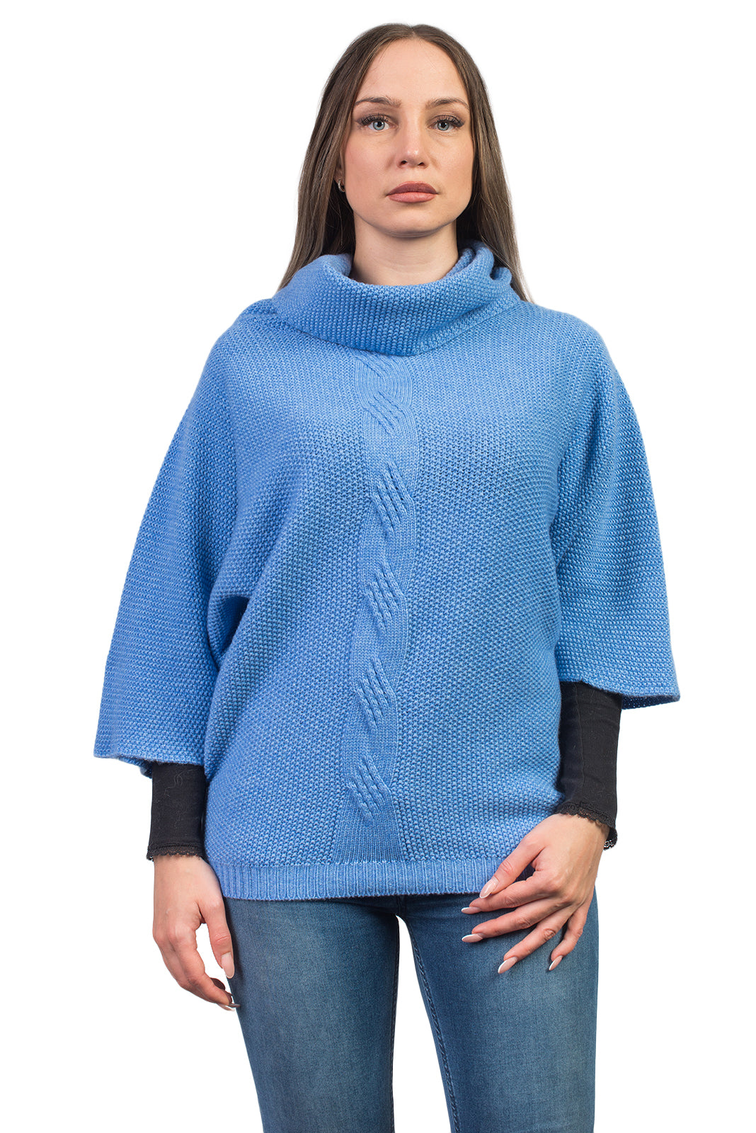 Fledermauspullover aus Kaschmirmischung mit Zopfmuster, Farbe Hellblau | Dalle Piane Cashmere