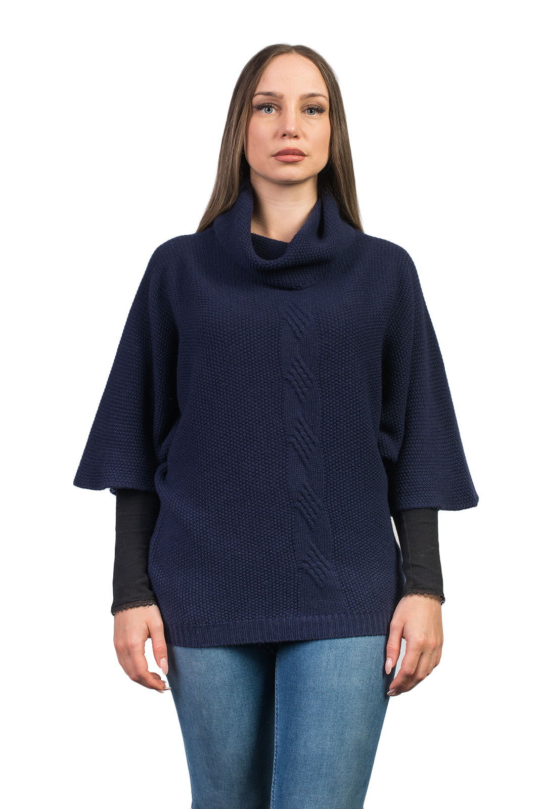 Fledermauspullover aus Kaschmirmischung mit Zopfmuster, Farbe Blau | Dalle Piane Cashmere