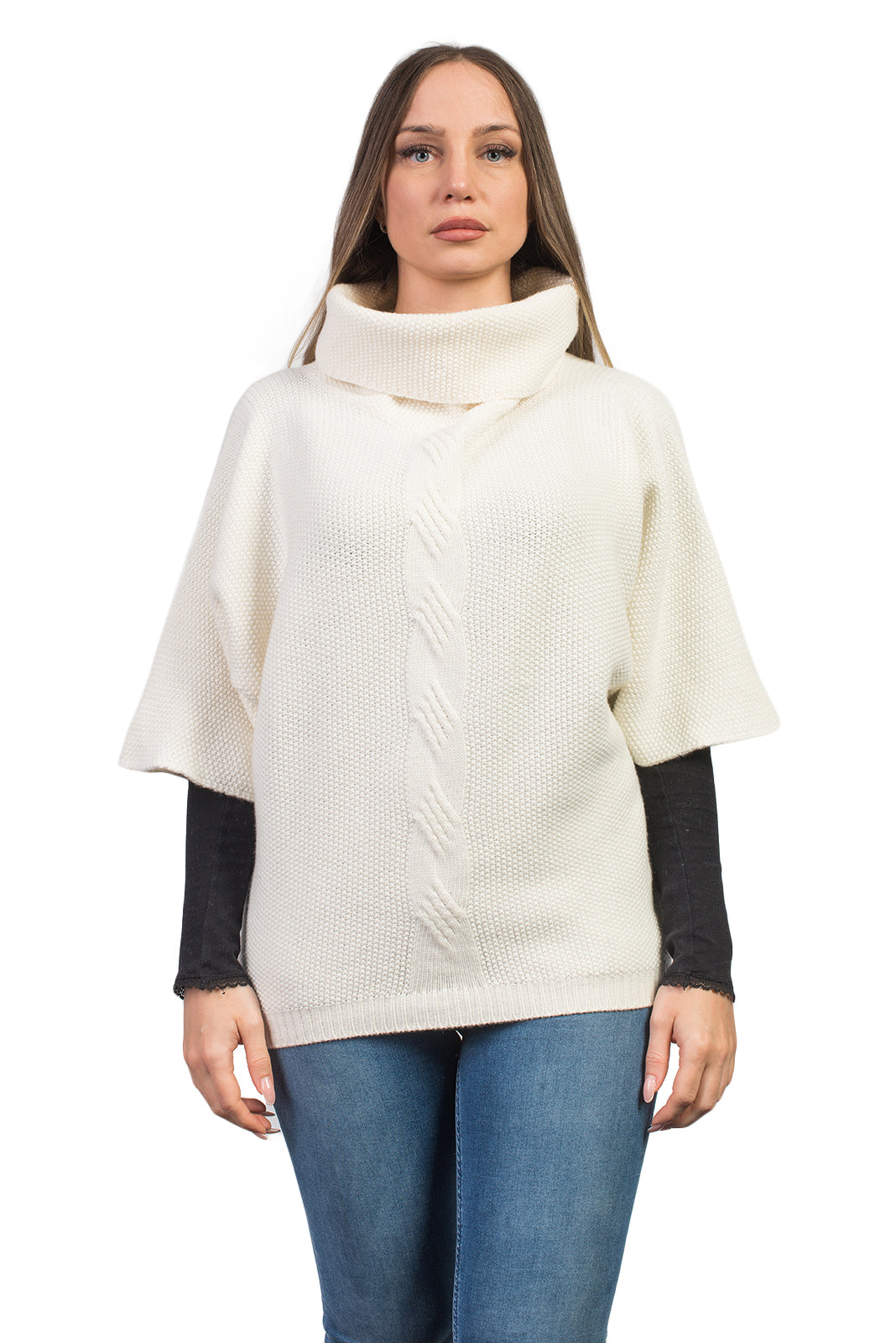 Fledermauspullover aus Kaschmirmischung mit Zopfmuster, Farbe Creme | Dalle Piane Cashmere