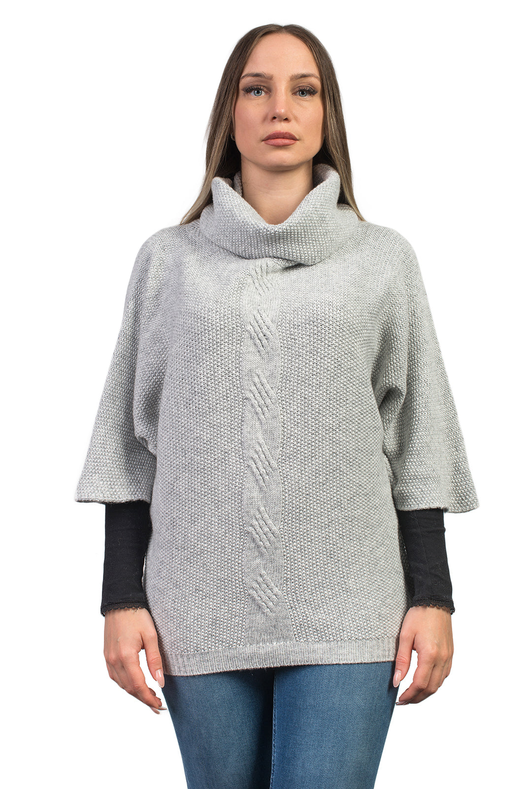 Fledermauspullover aus Kaschmirmischung mit Zopfmuster, Farbe Grau | Dalle Piane Cashmere