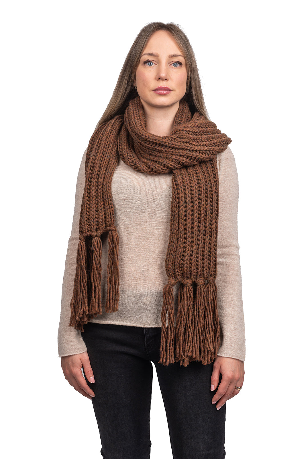 Schal im Englischen Rippenstrick mit Fransen, Farbe Mokka | Dalle Piane Cashmere