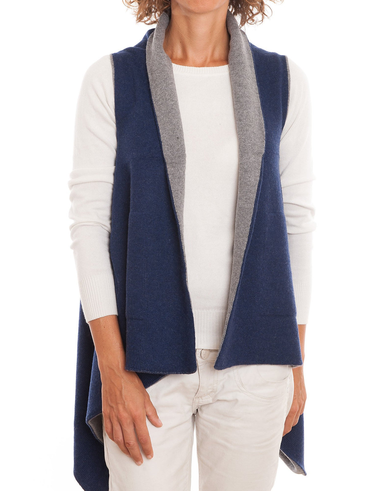 Zweifarbiges Cape aus Kaschmirmischung, wendbar, Farbe Blau Grau | Dalle Piane Cashmere
