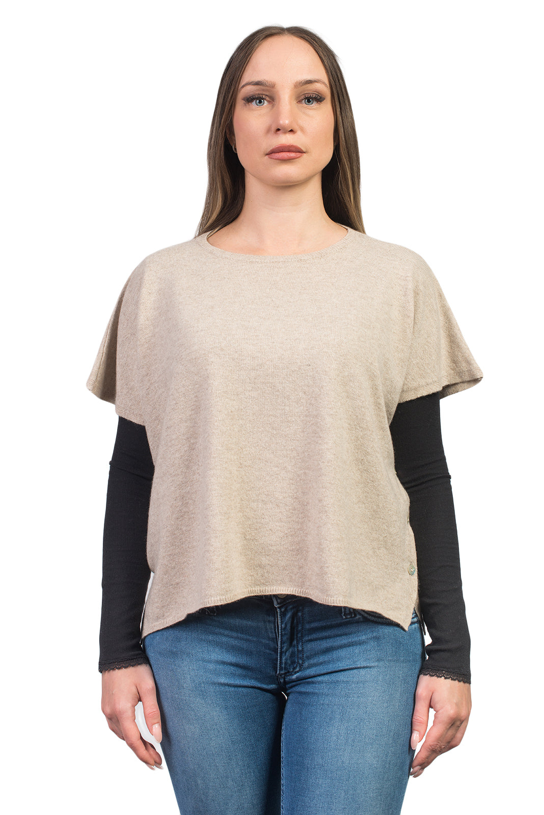 Rundhalspullover mit Knöpfen aus Kaschmirmischung, Farbe Beige | Dalle Piane Cashmere
