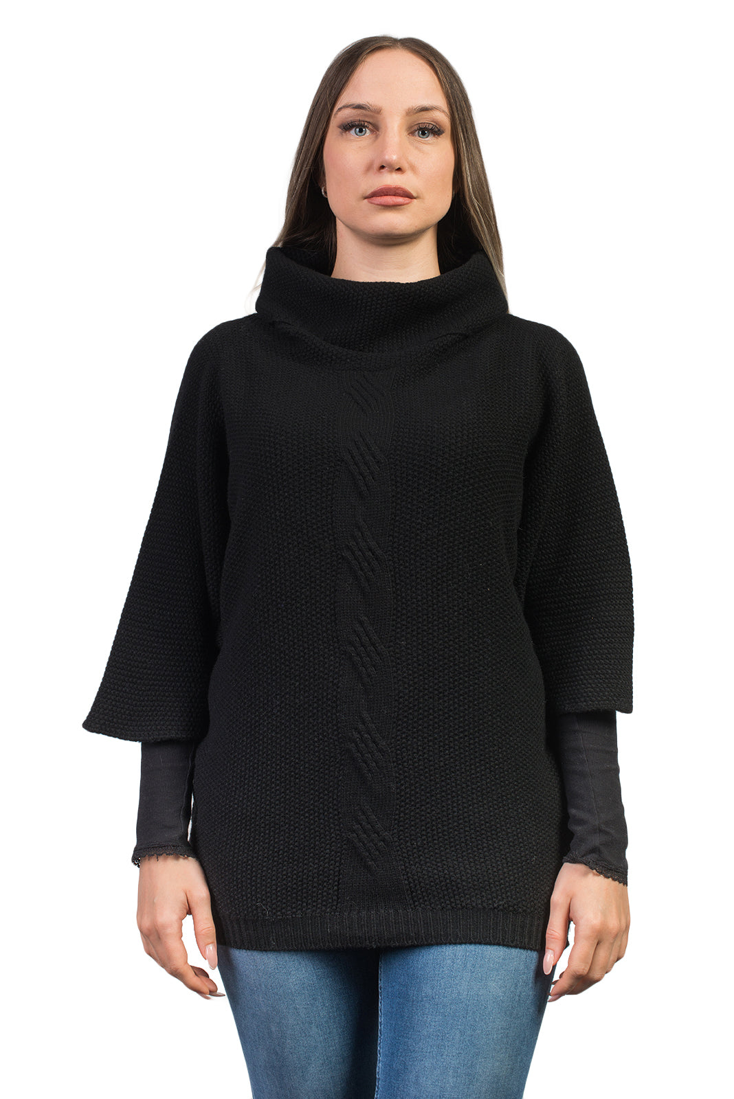 Fledermauspullover aus Kaschmirmischung mit Zopfmuster, Farbe Schwarz | Dalle Piane Cashmere