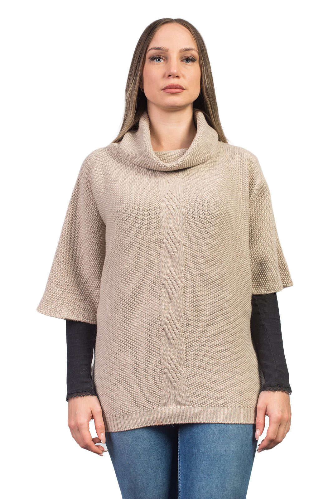 Fledermauspullover aus Kaschmirmischung mit Zopfmuster, Farbe Beige | Dalle Piane Cashmere