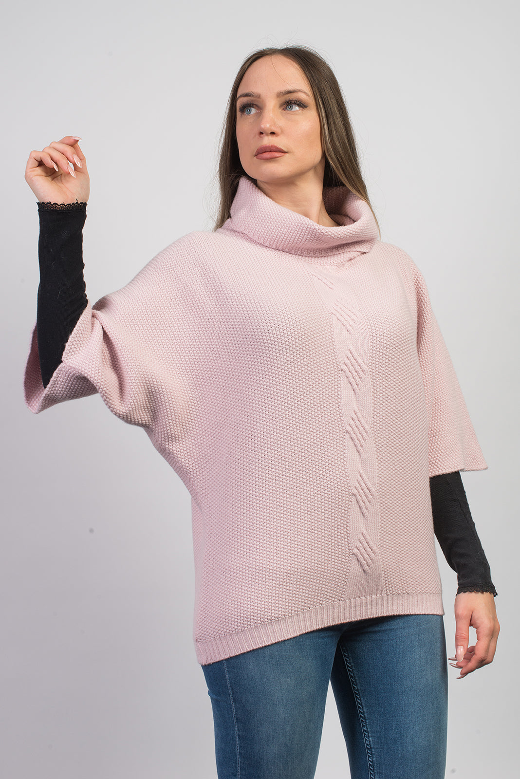 Fledermauspullover aus Kaschmirmischung mit Zopfmuster, Farbe Rosa, Ansicht 4 | Dalle Piane Cashmere
