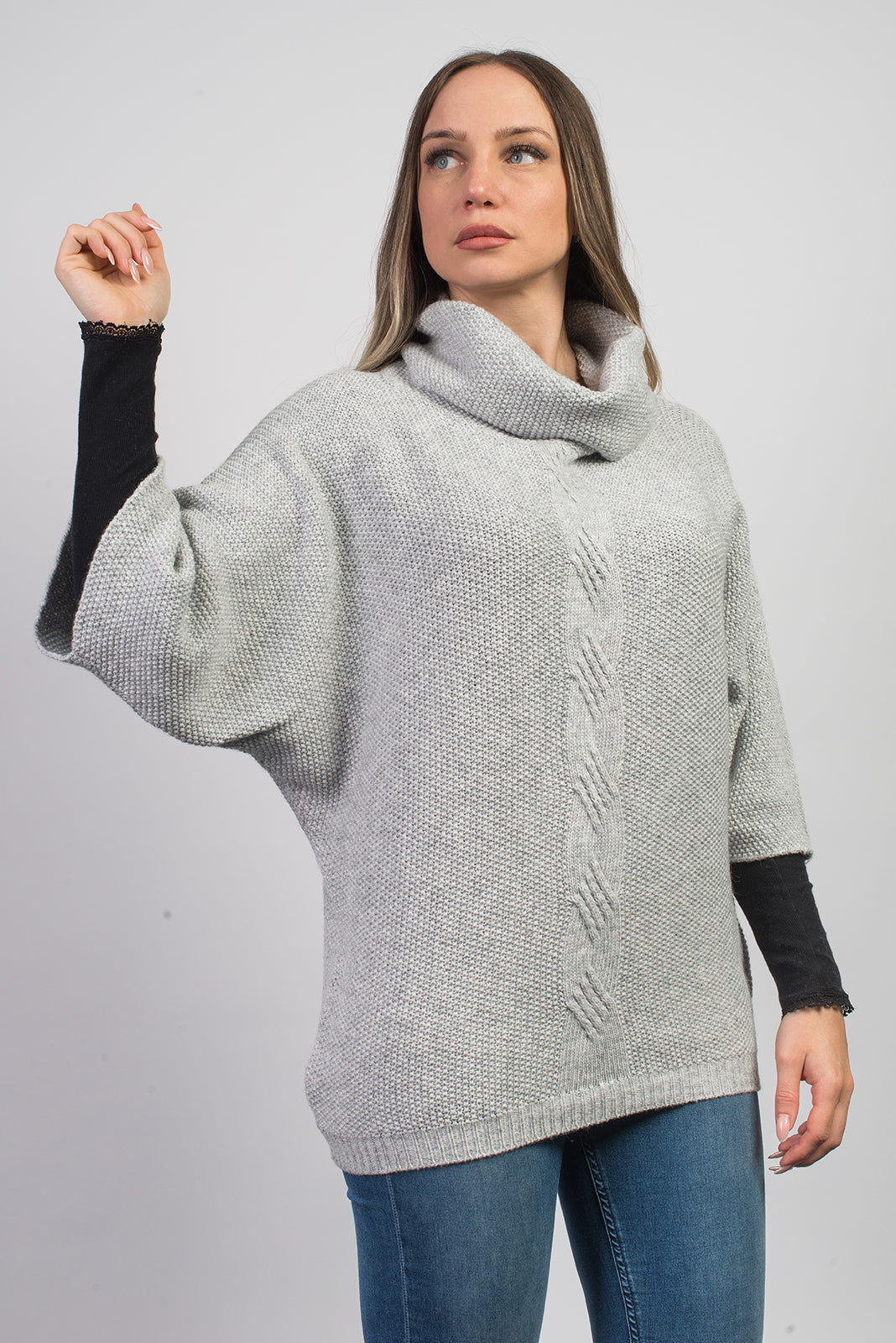 Fledermauspullover aus Kaschmirmischung mit Zopfmuster, Farbe Grau, Ansicht 2 | Dalle Piane Cashmere