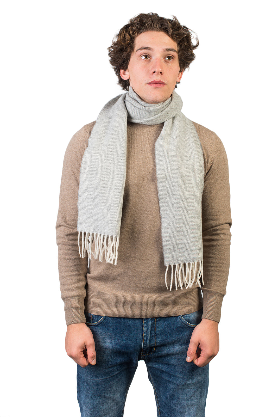 Fischgrät-Schal aus Wolle und Kaschmir, Farbe Hellgrau | Dalle Piane Cashmere