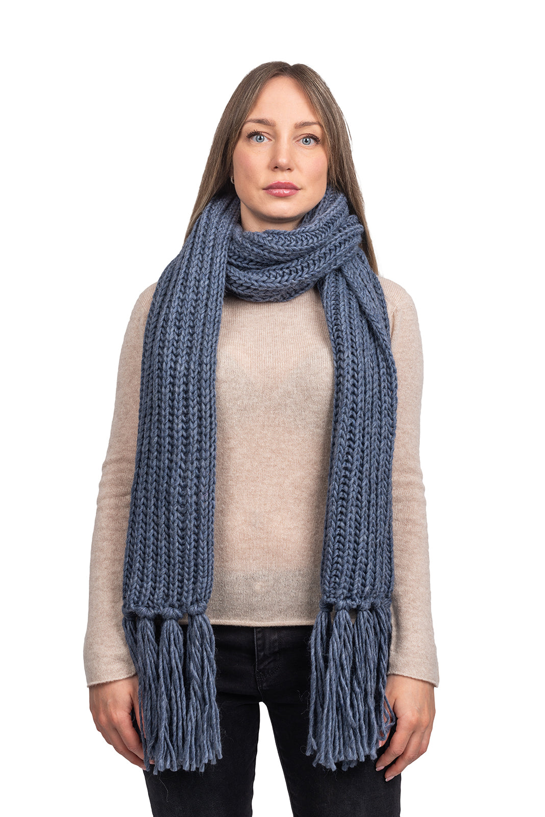 Schal im Englischen Rippenstrick mit Fransen, Farbe Jeans | Dalle Piane Cashmere