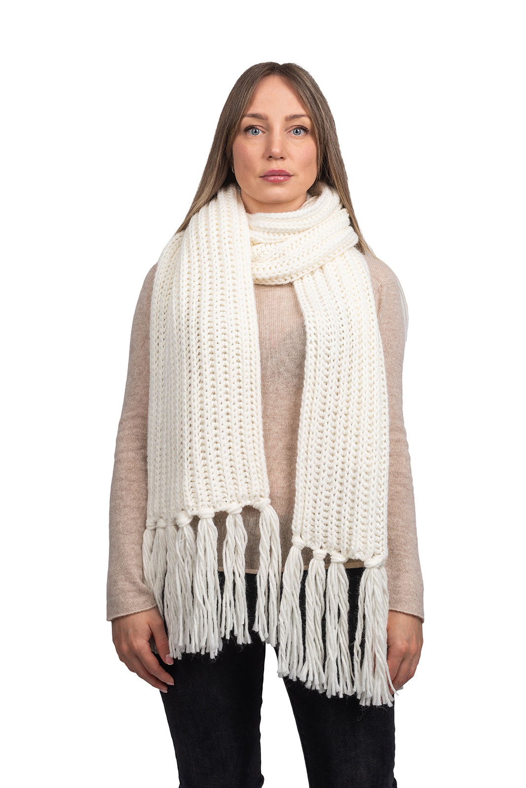 Schal im Englischen Rippenstrick mit Fransen, Farbe Weiß | Dalle Piane Cashmere