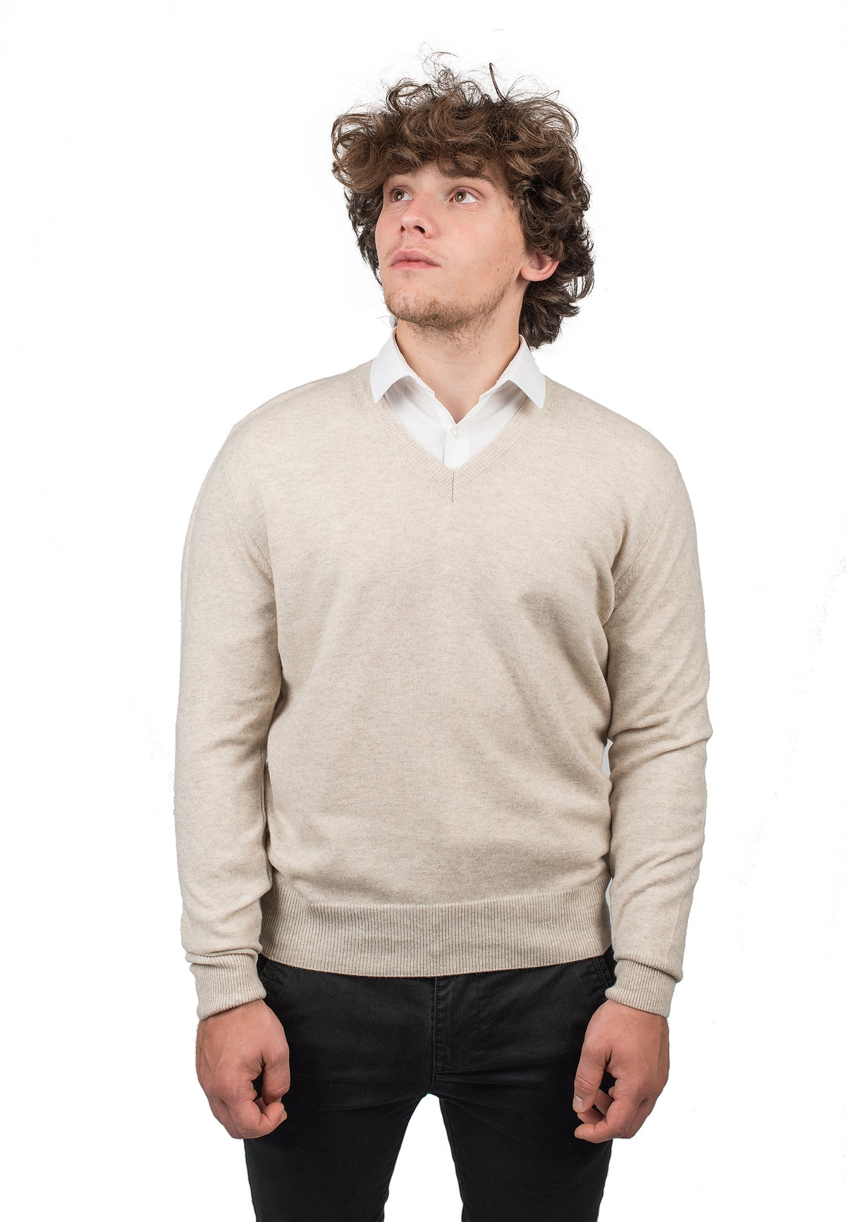 V-Ausschnitt 100 % Kaschmir, Farbe Beige | Dalle Piane Cashmere