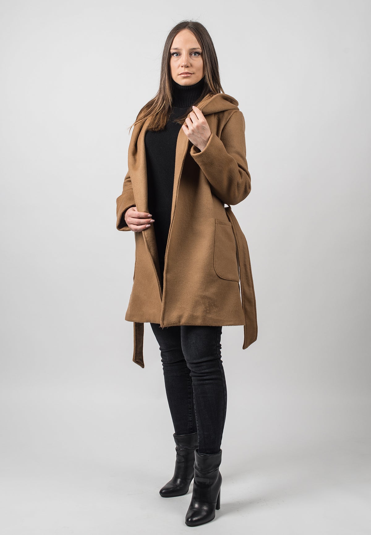 Mantel mit Kapuze aus Wollmischung mit Kaschmir, Farbe Kamel, Ansicht 3 | Dalle Piane Cashmere