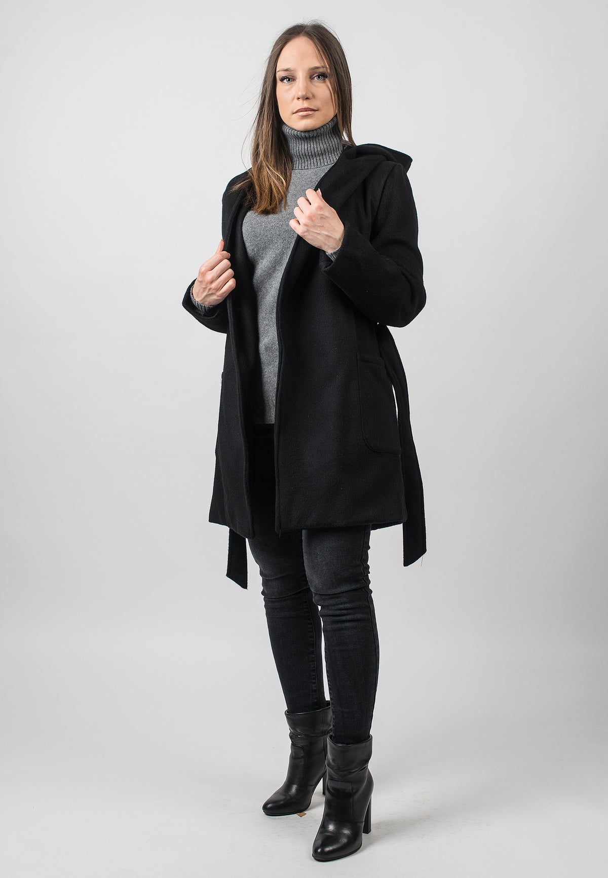 Mantel mit Kapuze aus Wollmischung mit Kaschmir, Farbe Schwarz, Ansicht 3 | Dalle Piane Cashmere