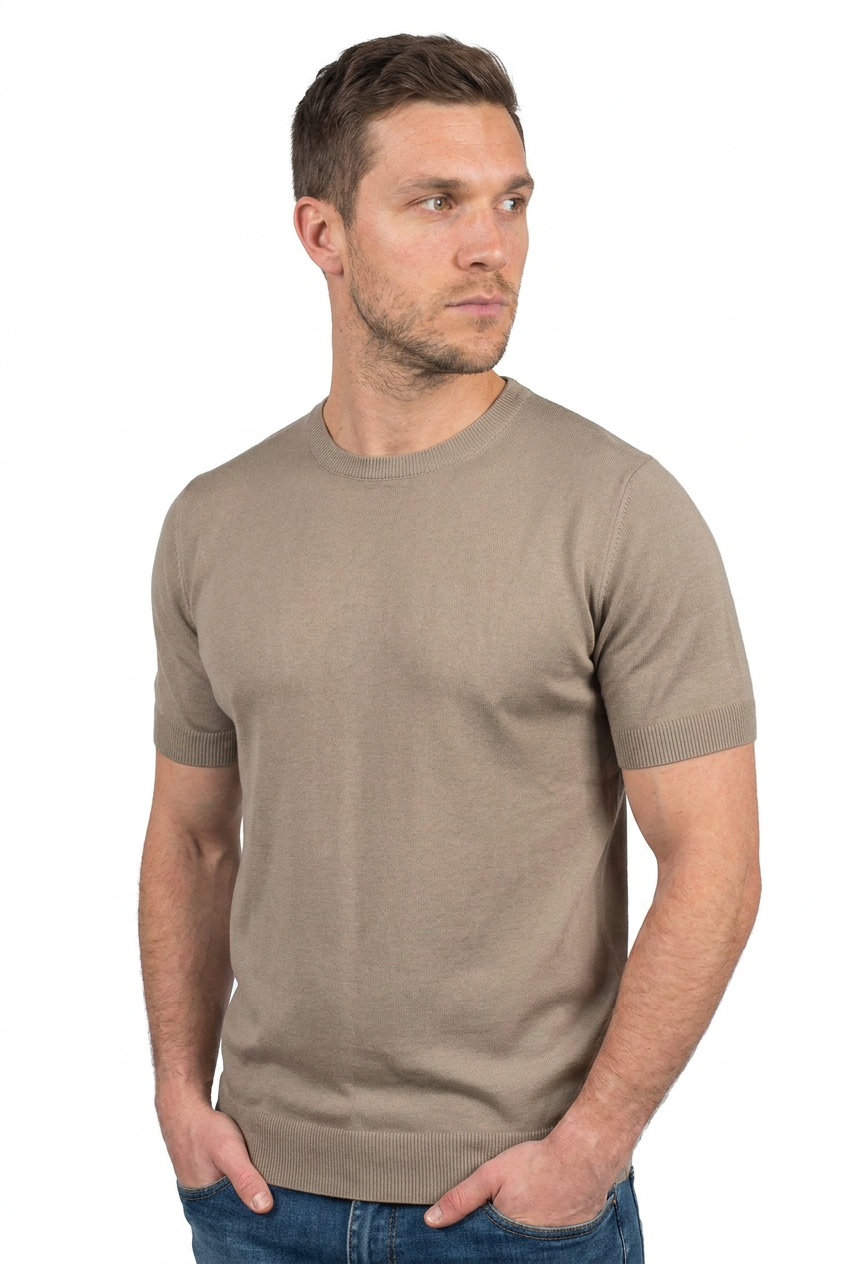 T-Shirt mit kurzen Ärmeln 100 % Baumwolle, Farbe Taupe, Ansicht 3 | Dalle Piane Cashmere